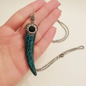 Blue green leather horn, Stainless Steel Chain